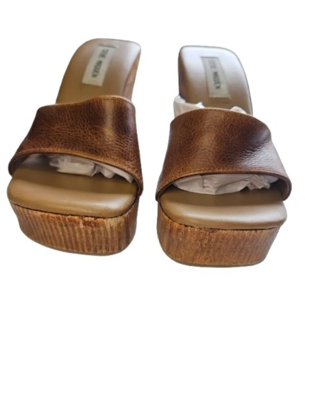 Vintage Steve Madden Brown Leather Wooden Platform Wedge Sandals 7.5